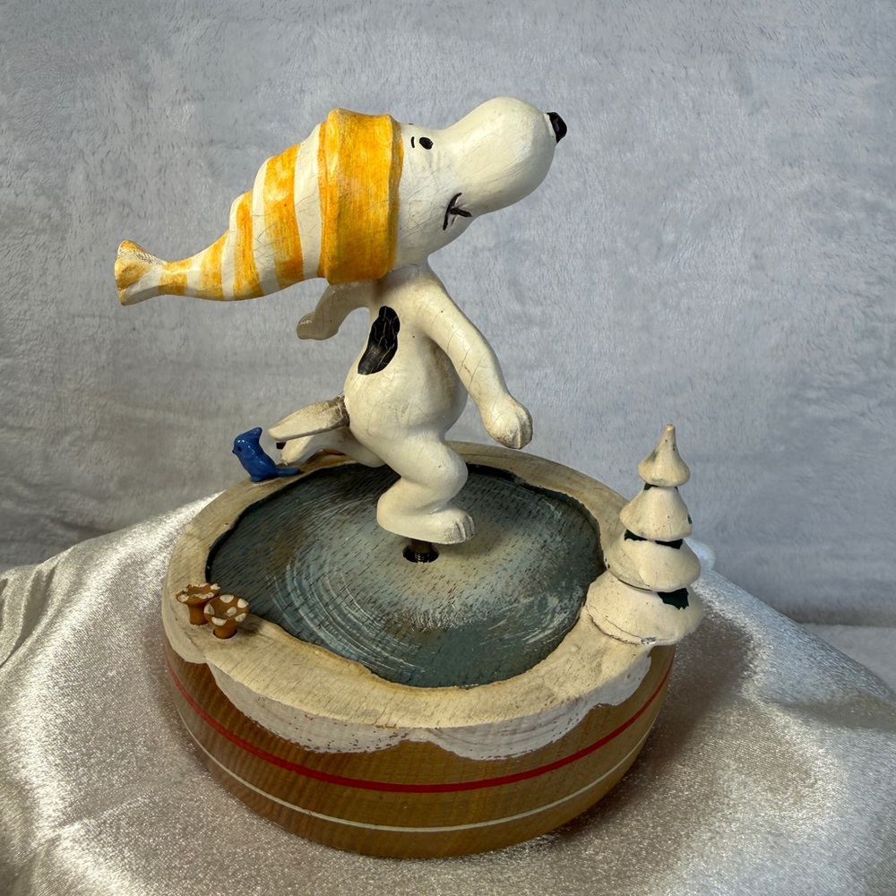 Vtg Snoopy Ice Skating On A Pond Wooden Music Box The Skaters Waltz Made Italy